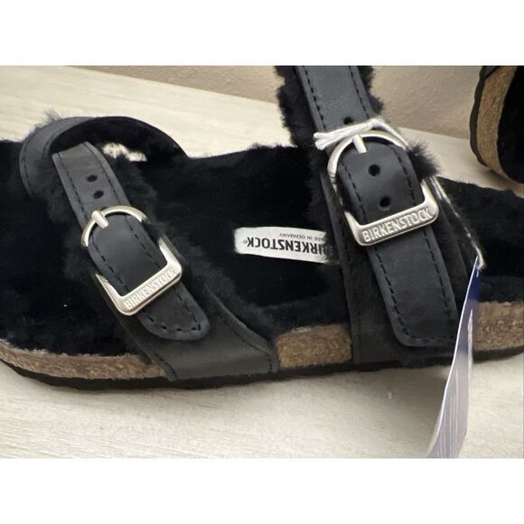 Birkenstock Mayari Shearling Sandals Womens 38 / US 7 Black Buckle Straps - Picture 10 of 12